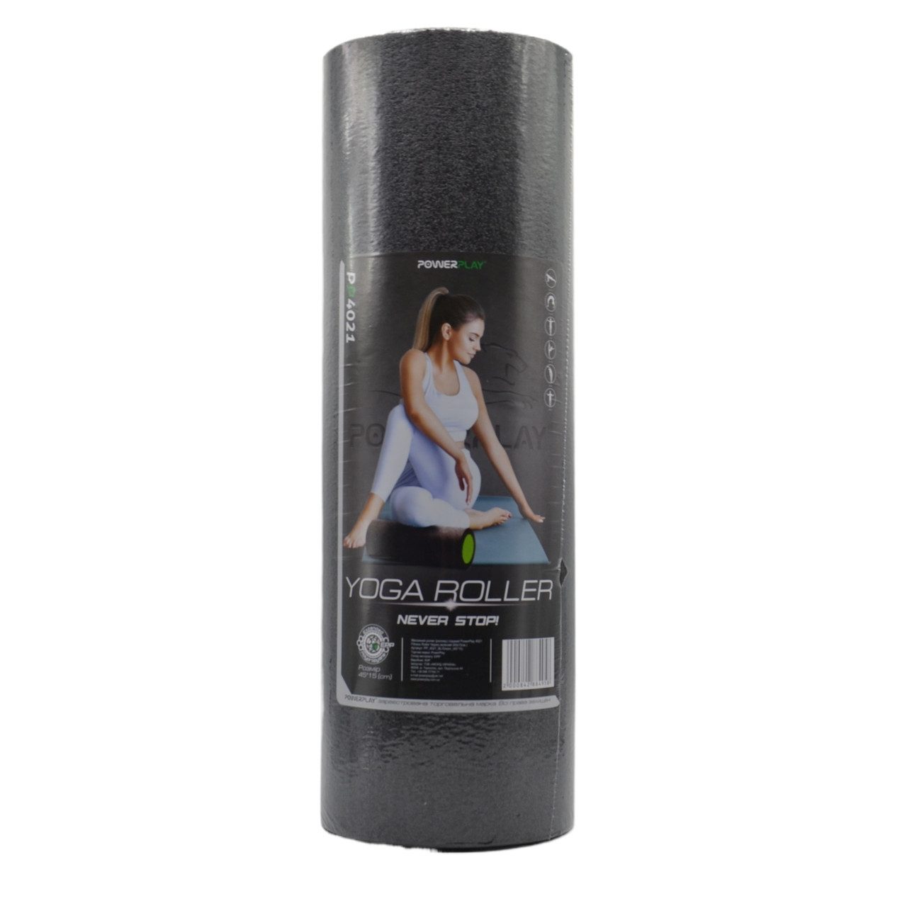 Масажний ролик (роллер) гладкий PowerPlay 4021 Fitness Roller Чорно-зелений (30×15см.)