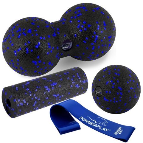 Набір для масажу та йоги PowerPlay PP_4091 EPP (2 м’ячики + валик масажер 15*5,3 см.) Blue + резинка 7,5 кг.