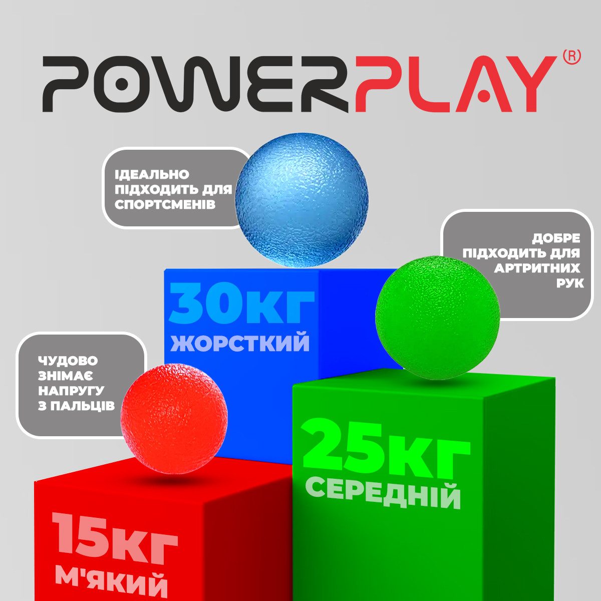 Набір силіконових еспандерів-м’яч (тренажер для кисті) PowerPlay PP-4339 Grip Ball Set (набір 3 шт.)
