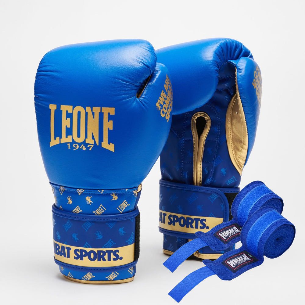 Боксерські рукавиці Leone GN220 DNA Blue 16 унцій (бинти 4 м. в комплекті)