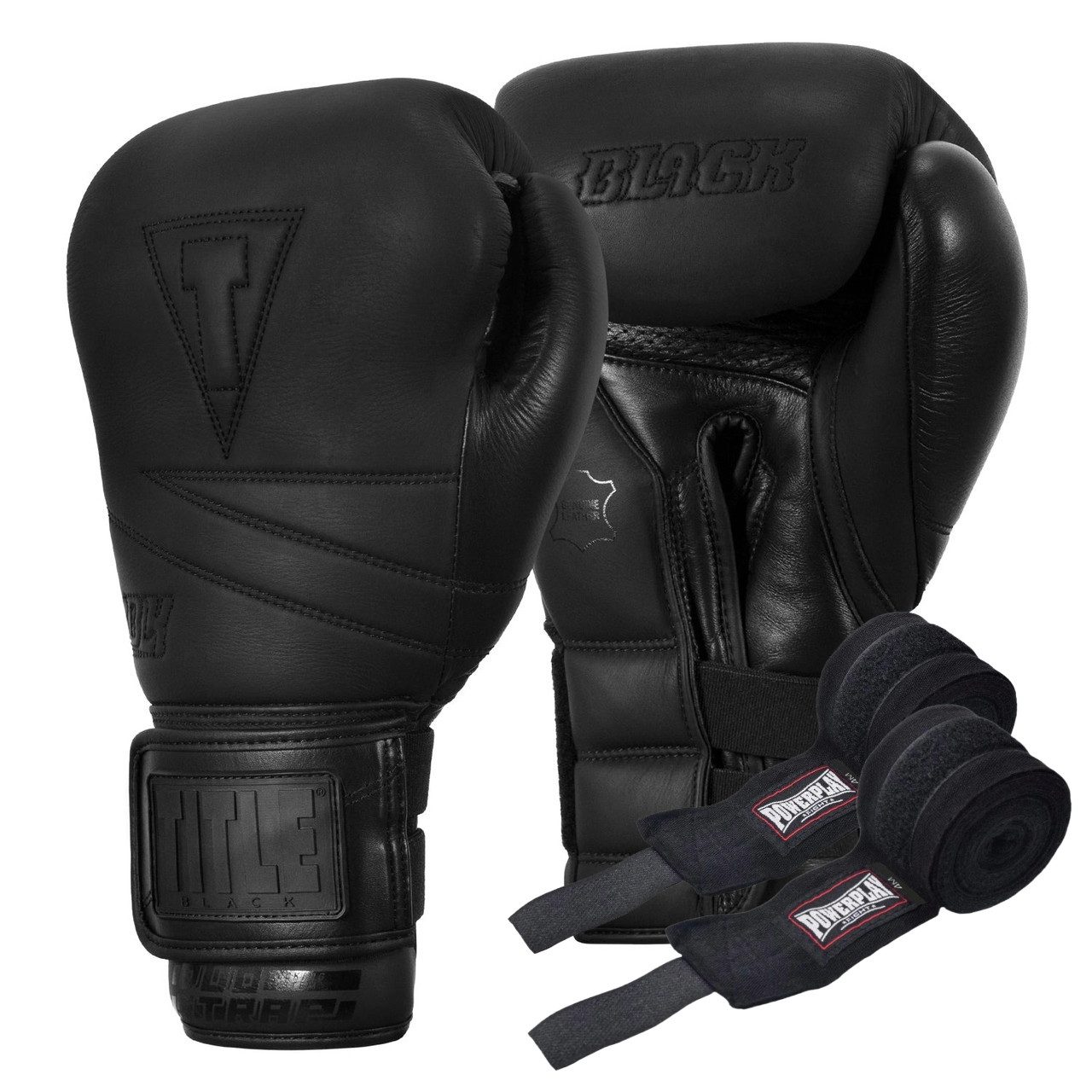 Боксерські рукавиці TITLE Black Bolstered Leather Black 16 oz (бинти 4м. в комплекті)