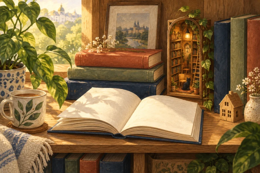 Тематична ілюстрація книжкової полиці з книгами та мініатюрою